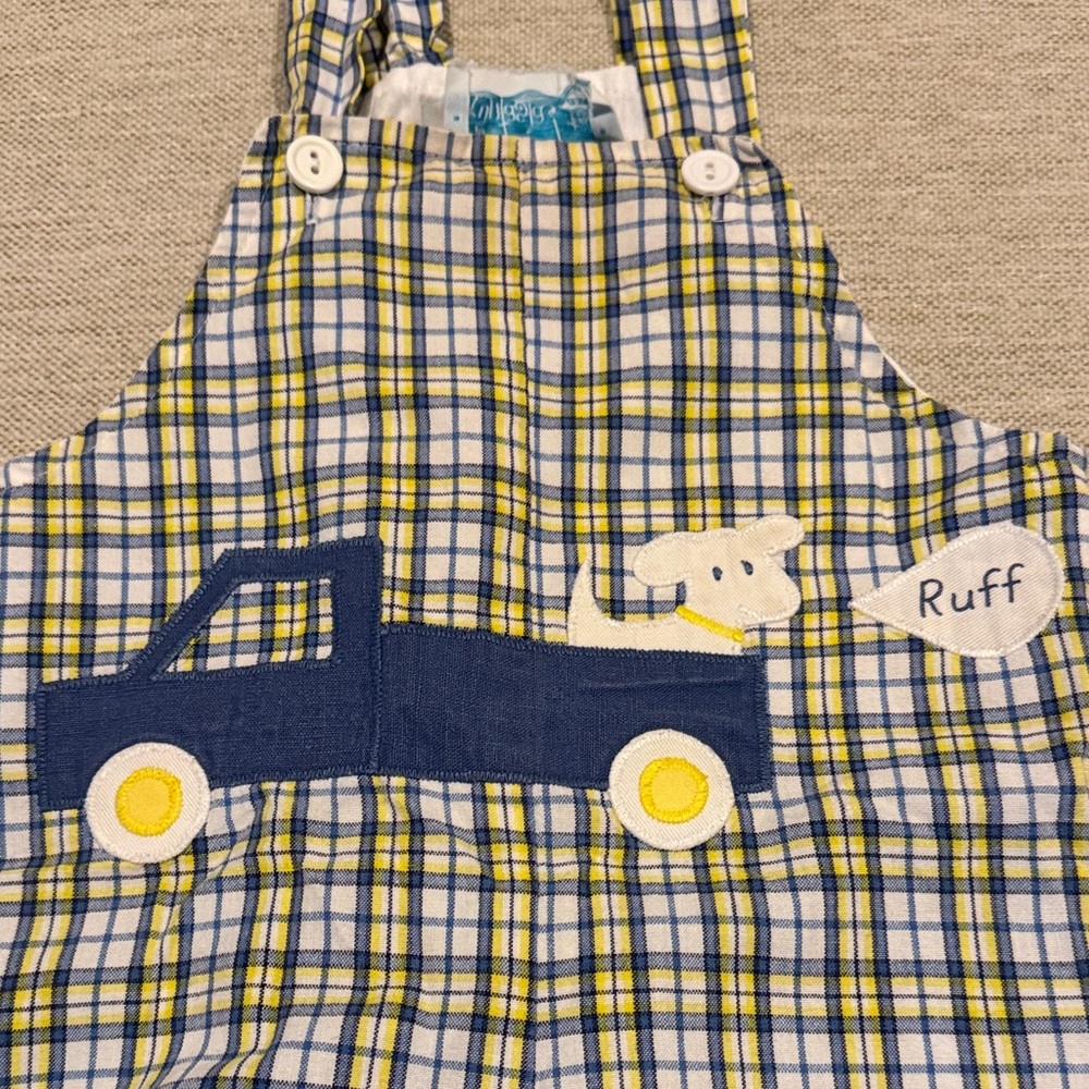 Funtasia! too…Dallas Plaid Blue & Yellow Dog Applique Jon Jon - Picture 3 of 4